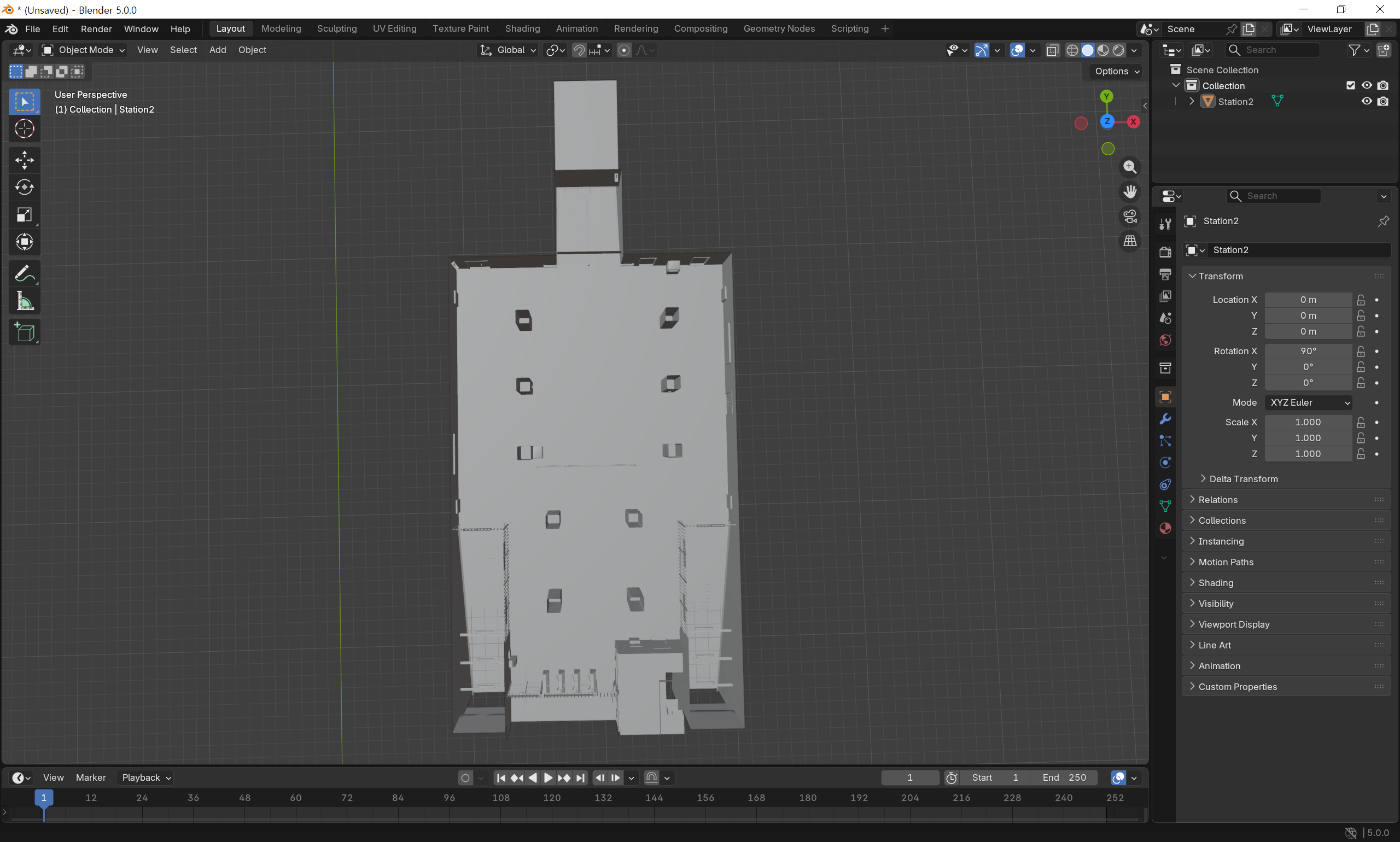 Front elevation of the station model in Blender